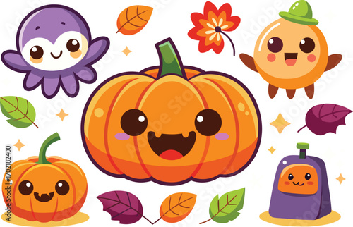 Cute Halloween pumpkin clip art set, flat illustration stickers for the holidays, isolated