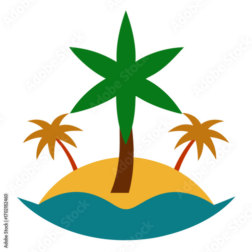 Tropical island paradise with palm trees and ocean waves
