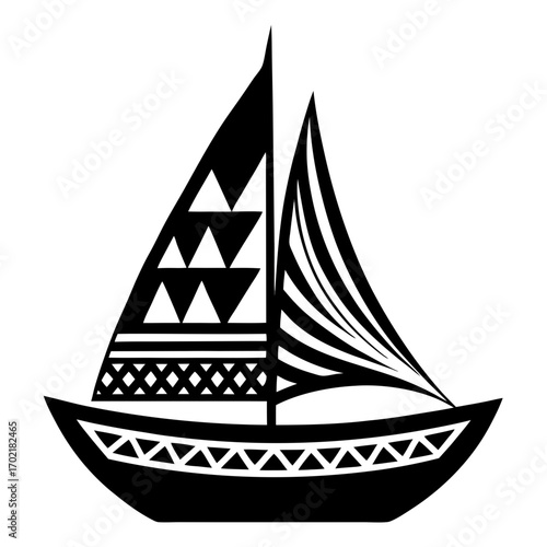Traditional polynesian style sailboat silhouette with geometric patterns