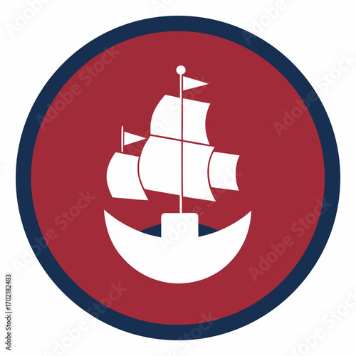 White sailboat icon on red and blue circle background