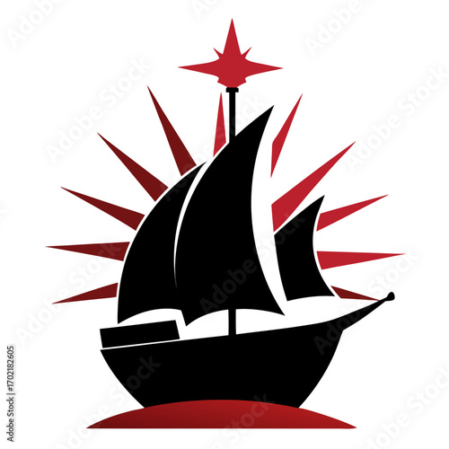 Stylized black sailboat with red starburst and compass rose elements