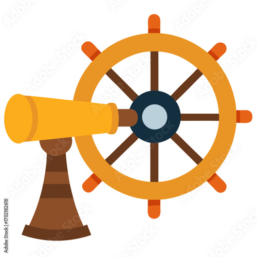 Nautical spyglass and ship s wheel illustration