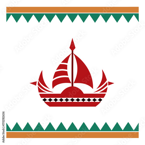 Stylized red sailboat with decorative borders
