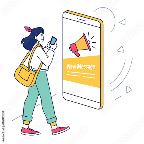 Young woman with a yellow shoulder bag checking her smartphone receiving a new message notification with a megaphone icon and alert symbol on the screen