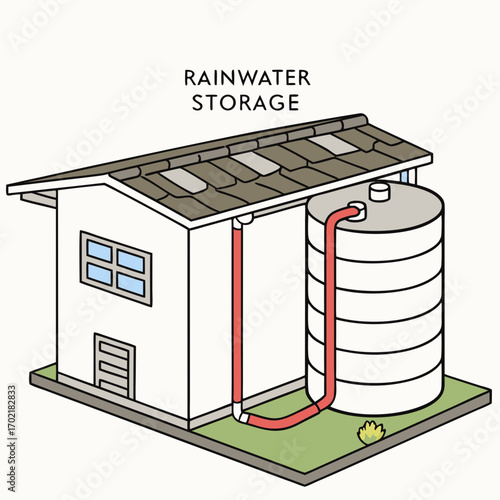 Illustration of a house with a rainwater harvesting system collecting water from the roof into a large cylindrical storage tank for sustainable water management and conservation