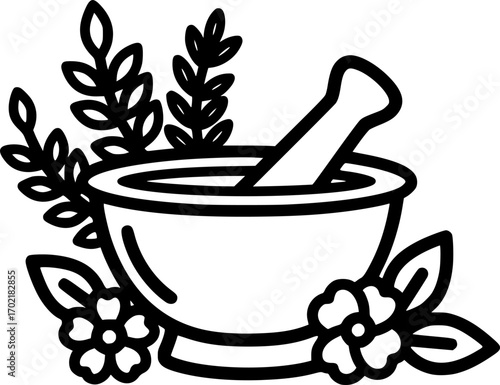 Herbal medicine mortar outline icon vector
