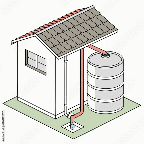 Illustration of a rainwater harvesting system connected to a small building showing a downspout directing water into a large storage tank for conservation and reuse