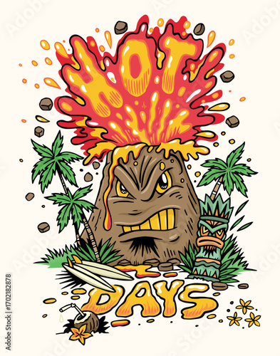 Cartoon-style illustration of an erupting volcano. Art featuring tropical and surf-related elements.