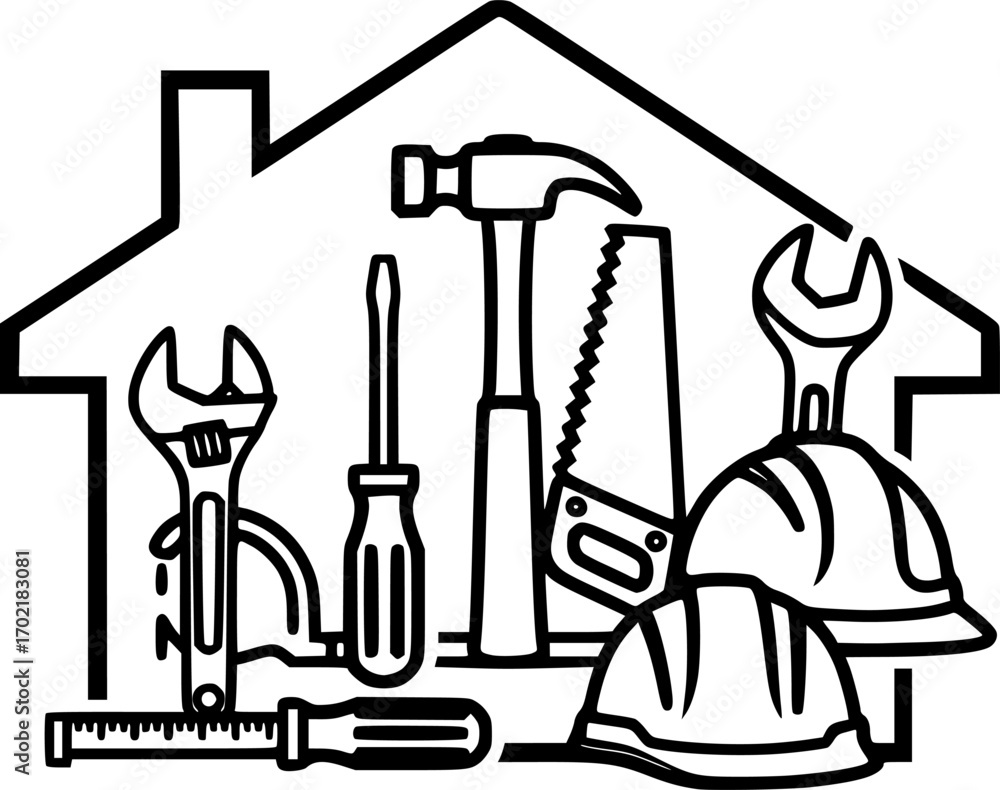 Fototapeta premium Home construction tools and frame outline icon vector 