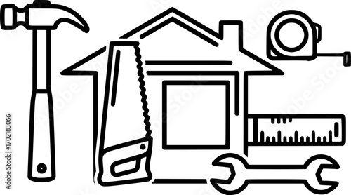 Home construction tools and frame outline icon vector
