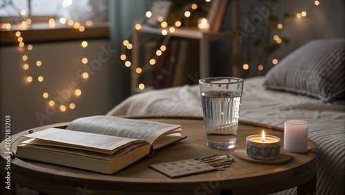 cozy late-night bedroom scene with glowing candles open book glass of water and twinkling string lights on wooden side table