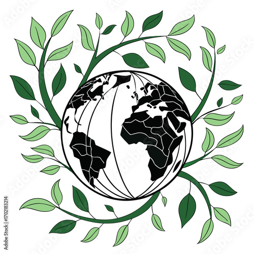 Stylized black and white illustration of planet earth embraced by lush green branches and leaves symbolizing growth and environmental protection on a white background
