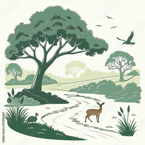 Serene natural landscape illustration featuring a winding river lush green trees a graceful deer a duck and birds flying in the sky evoking a peaceful wildlife scene