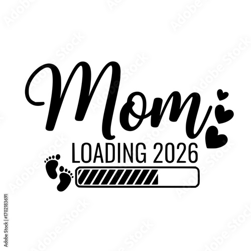 Mom Loading 2026, accompanied by a Loading status bar, heralding the arrival of motherhood in 2026. The image is accentuated by tender footprints and hearts.