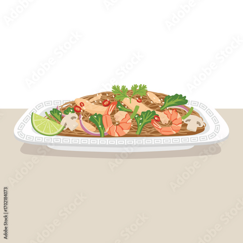 flat vector of Pad Thai or Thai stir-fried noodle dish with shrimp, tamarind sauce, lime, and cilantro Thai food meal on dish with ingredient