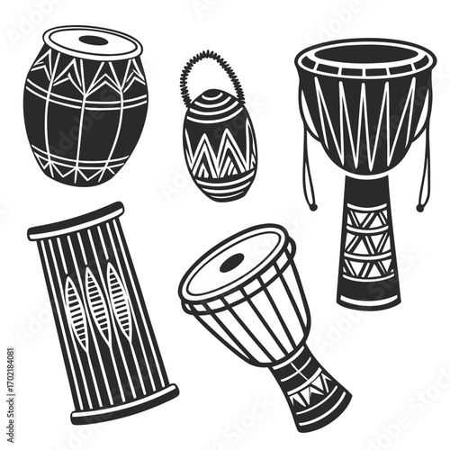 Collection of stylized black and white illustrations of various african drums showcasing diverse shapes and traditional geometric patterns isolated on a clean white background
