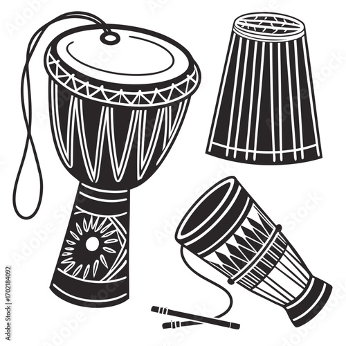A collection of african drums and drumsticks featuring traditional patterns and designs in a stylized black and white illustration
