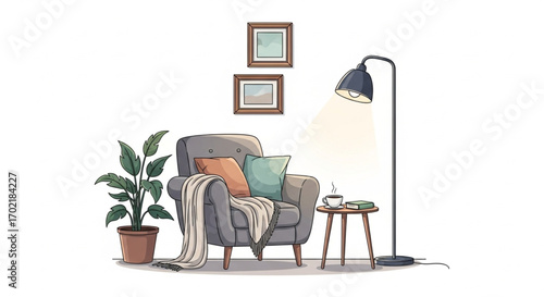 Minimalist living room illustration with cozy armchair, floor lamp, and houseplant