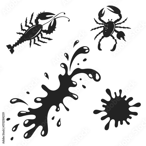 Stylized black silhouette illustrations of a lobster and a crab are depicted with dynamic splashes of liquid or ink on a white background evoking a sense of movement and aquatic themes