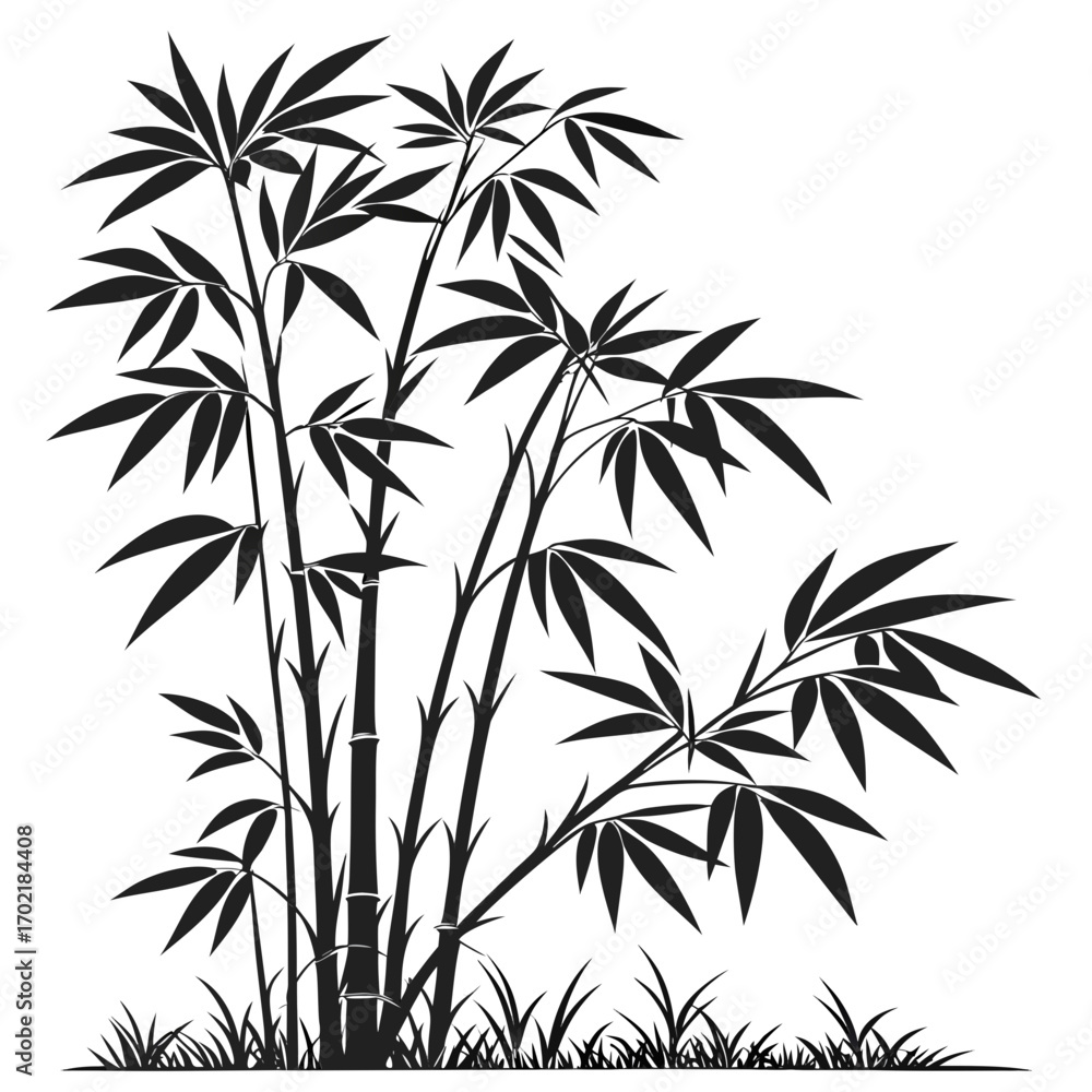 Fototapeta premium A black silhouette of a bamboo forest with tall stalks and lush green leaves against a white background representing nature and tranquility