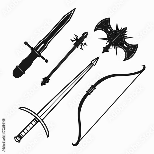 Collection of silhouette medieval weapons including a sword dagger mace axe bow and arrow on a white background