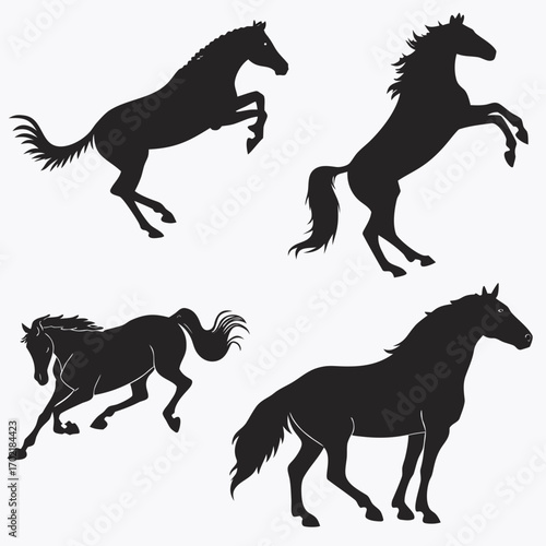 Dynamic silhouettes of four horses in various poses capturing movement and grace against a white background