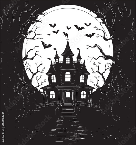A captivating black and white silhouette of a haunted house, bathed in the light of a full moon.