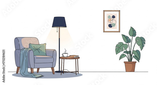 Minimalist living room illustration with armchair, floor lamp, and potted plant vector illustration
