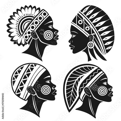 Four stylized black and white silhouettes of african women in profile adorned with intricate traditional headdresses and facial markings showcasing cultural heritage and beauty