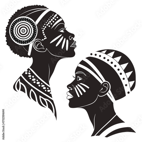 Two stylized black and white profiles of african women adorned with traditional tribal face paint and intricate geometric patterns on their heads and necks
