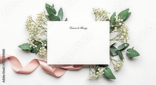 Wallpaper Mural Elegant wedding invitation mockup with eucalyptus gypsophila flowers and a pink ribbon on a white background. Torontodigital.ca