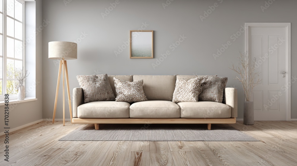 Obraz premium Contemporary Living Room Interior with Beige Sofa, Wooden Floor, and Natural Light for Home Decor Mockups