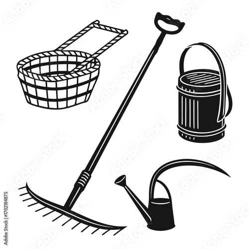 A collection of essential gardening tools including a rake watering can bucket and basket depicted in a clean graphic black and white silhouette style on a white background