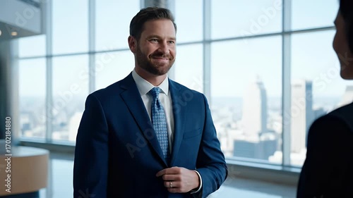 Smiling Bearded Businessman in Blue Suit Engages in Conversation in Modern High-Rise Office with City Skyline Background
