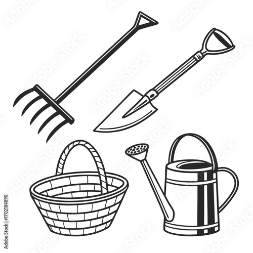 A collection of essential gardening tools including a pitchfork hand trowel woven basket and a watering can presented as black and white line art illustrations on a white background