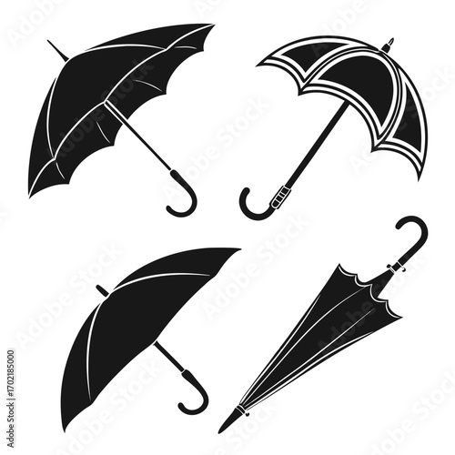 Collection of four black silhouette umbrellas displayed at different angles and states of openness against a white background representing weather protection and outdoor accessories