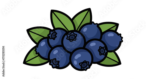 Illustration of a cluster of blueberries with green leaves behind them.
