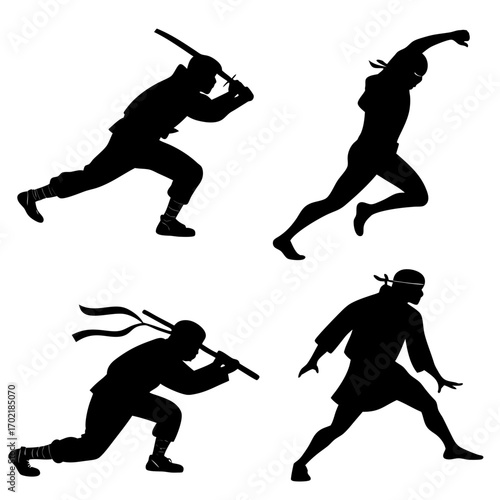 Four silhouettes of ninjas in dynamic action poses holding swords and ready for combat on a white background representing stealth and martial arts