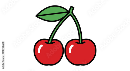 A simple cartoon illustration of two bright red cherries with green stems and a single green leaf, depicted on a white background.