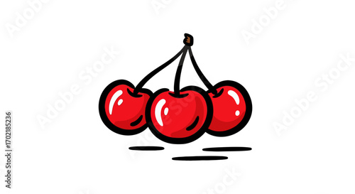 Three ripe, red cherries with stems, presented on a clean, white background, simple illustration.