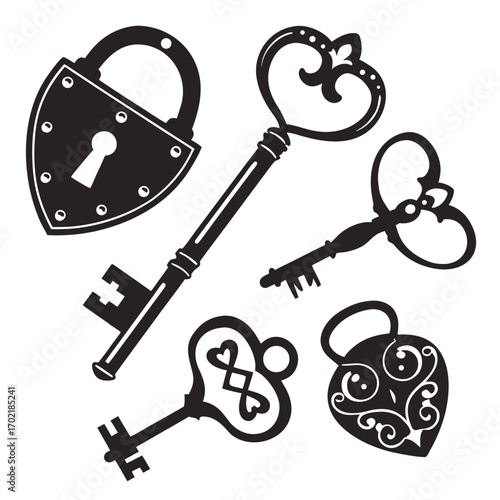 Collection of ornate vintage antique black silhouette keys and locks with decorative heart shapes and intricate scrollwork on a white background representing security and access