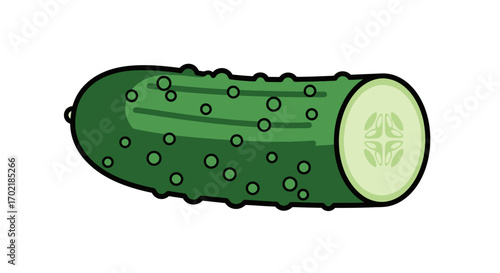 A cartoon illustration of a fresh green cucumber, cut in half to reveal its seeds and flesh.