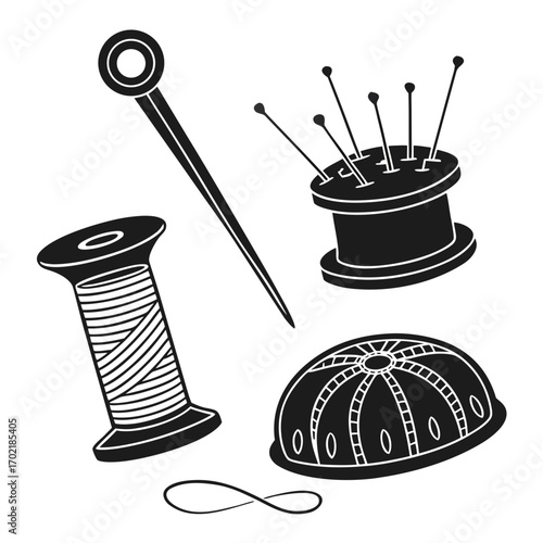 A collection of sewing and crafting supplies including a spool of thread a pincushion with needles a single sewing needle and a loop of thread on a white background