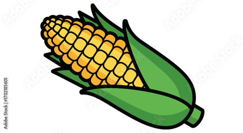 A vibrant cartoon illustration of a fresh ear of corn with bright yellow kernels and green husks on a white background.