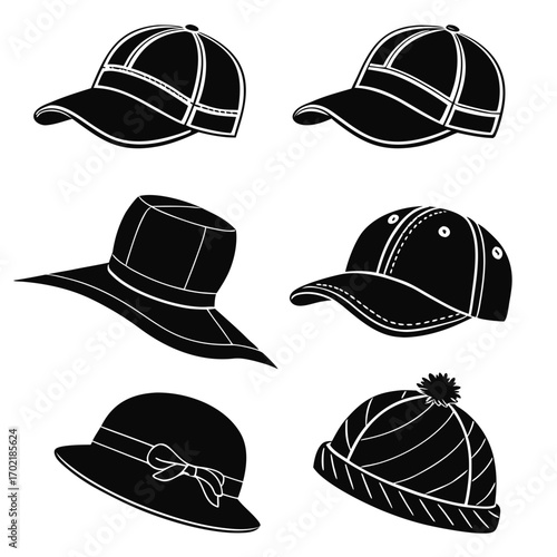 Collection of six black and white silhouette illustrations of various hats including baseball caps a wide brim hat a cloche hat with a bow and a pom pom beanie