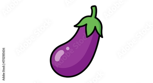 A simple, cartoon-style illustration of a ripe purple eggplant with a green stem and leaves.