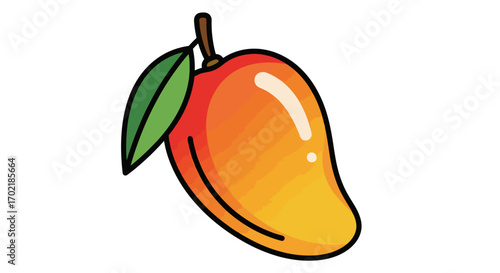 A vibrant illustration of a ripe mango with a leaf, showcasing its smooth texture and color gradients.