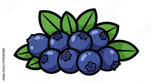 Illustration of a cluster of blueberries with green leaves, cartoon style.