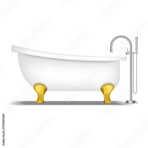 Vintage clawfoot bathtub with golden legs and standing water mixer with hand shower realistic 3d model vector mockup isolated on white, luxury bathroom interior element for spa, home, hotel decor.
