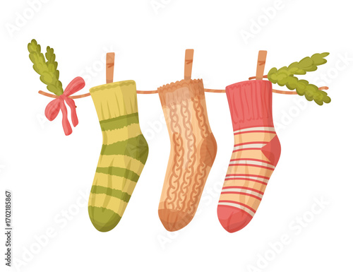 Stripped holiday stocking hanging on a rope. Bright socks for winter holidays. Home decoration. Gift for Merry Christmas. Vector illustration isolated on white background.